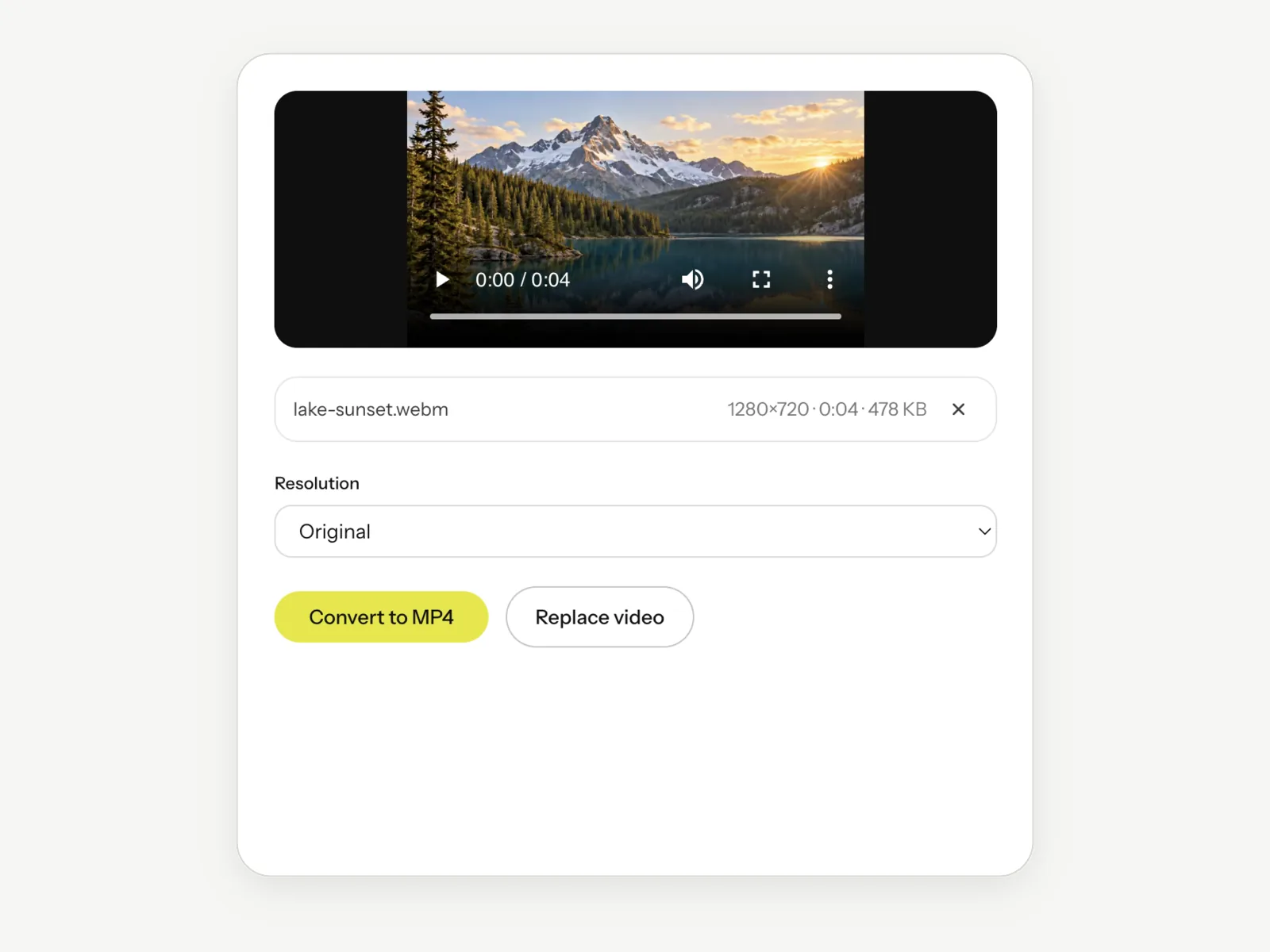 The WebM to MP4 tool with a .webm file accepted, its name, size and duration listed, ready to convert for an upload form that only takes MP4.
