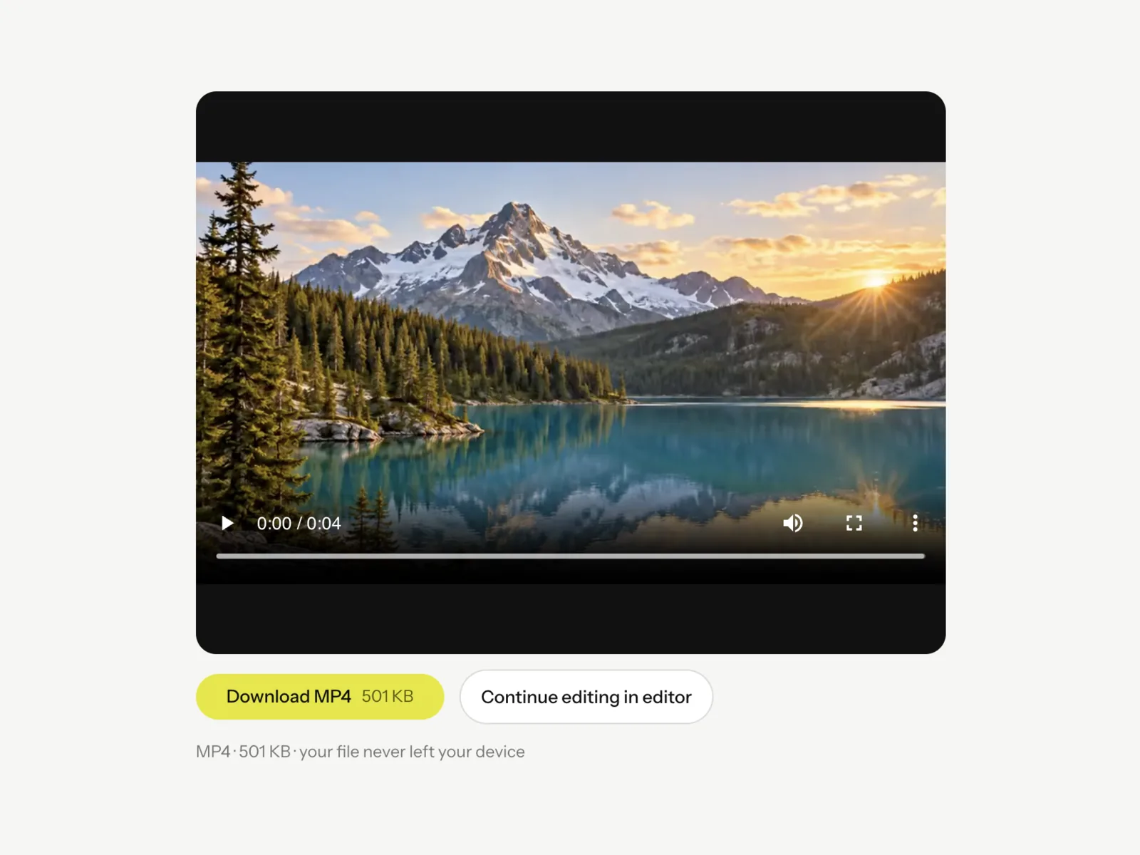 The WebM to MP4 result panel with a player showing the converted clip and a Download MP4 button beside Continue editing in editor.