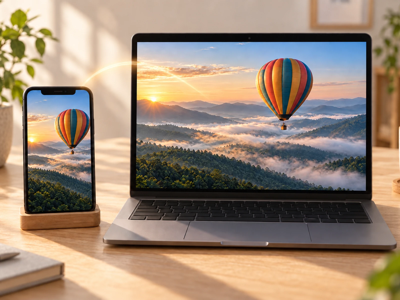A smartphone and a laptop side by side on a table, both playing the same balloon video clip, with a soft arc of light suggesting the file being shared between them